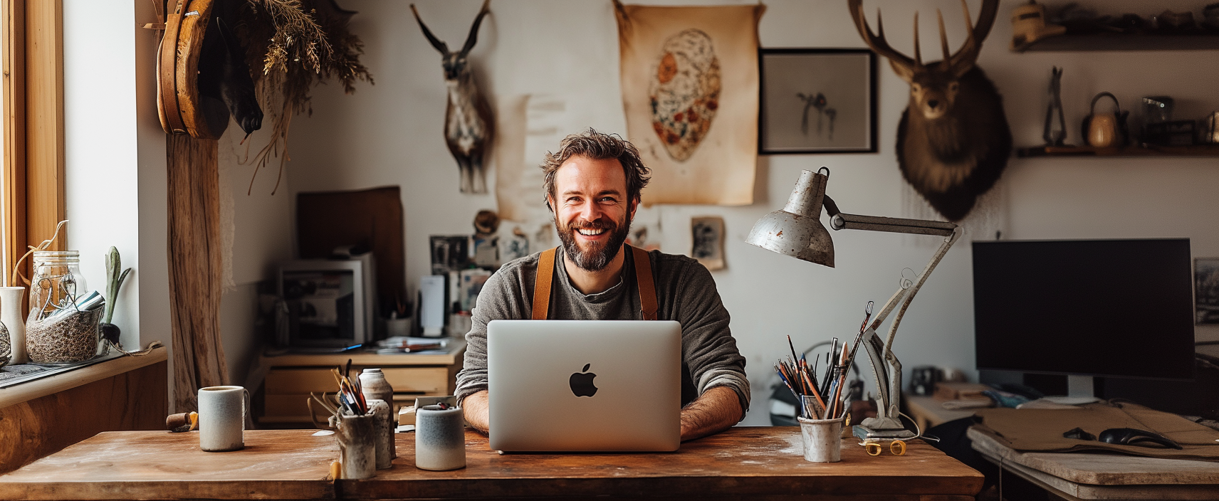 Artisan souriant travaillant sur son ordinateur portable dans son atelier